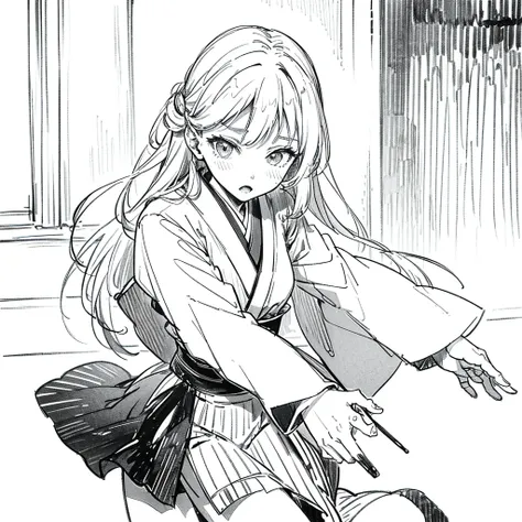 Line art. ((Sketch)). Black and white. An anime style photo. A female dancer in action. A very long kimono clothes shown while she dancing. Detailed expression.  Detailed background at small room. Other viewer were ainging along with.