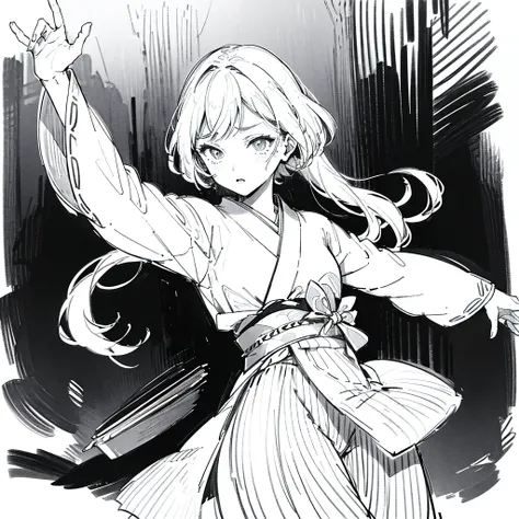 Line art. ((Sketch)). Black and white. An anime style photo. A female dancer in action. A very long kimono clothes shown while she dancing. Detailed expression.  Detailed background at small room. Other viewer were ainging along with.