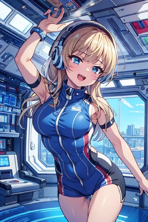 top-quality,Top image quality,in 8K,4K,​masterpiece,ultra-detailliert,Beautiful,ultra-quality, best quality,high resolution, ultra-detailed,game cg,dutch angle,(acrobatic pose):5,jumping:5,(inside spacestation,)beautiful detailed eyes,five fingers,headphon...