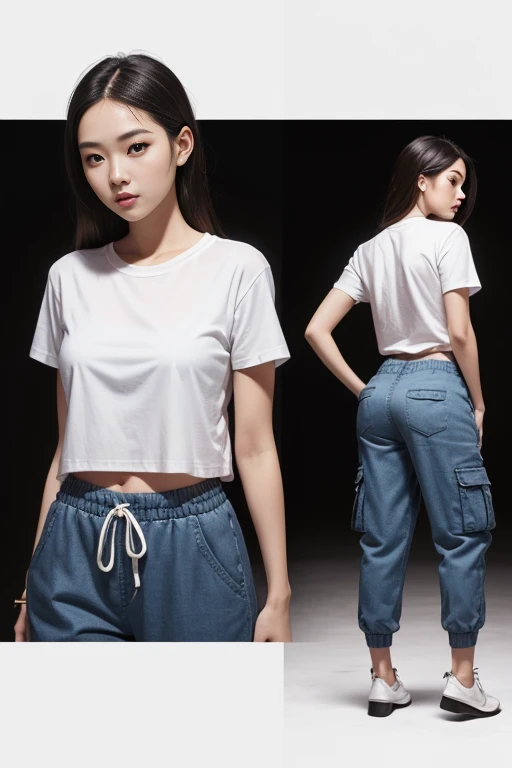 magazine cover, side view, upper-body shot, fashion photography, lens setting a versatile lens that provides a sharp focus on the model, young professional fashion korean woman model, a playful expression on face, eyes stare at the camera, wearing a white ...