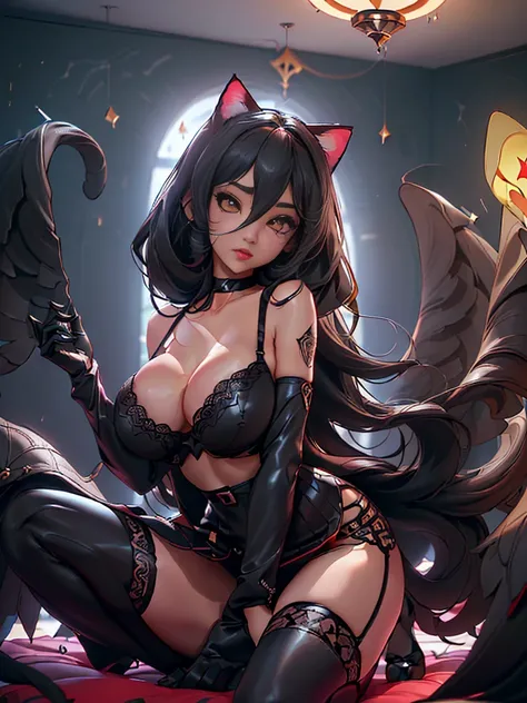 ((Cute pose)), ((kneel down on bed)) ((Sexy, tall beautiful pet catgirll)) ((cat ears, cat tail, cat furr, cat paws, cat feet, cat claws)) ((Big bright yellow cat eyes)) ((dark eyeshadows make up)) ((bright red lipstick)), ((long straight black hair, twin ...