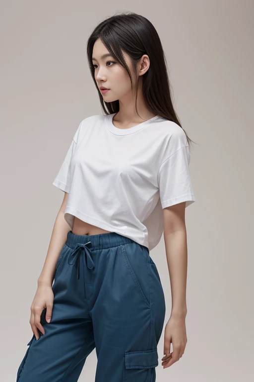 magazine cover, side view, upper-body shot, fashion photography, lens setting a versatile lens that provides a sharp focus on the model, young professional fashion korean woman model, a playful expression on face, eyes stare at the camera, wearing a white ...