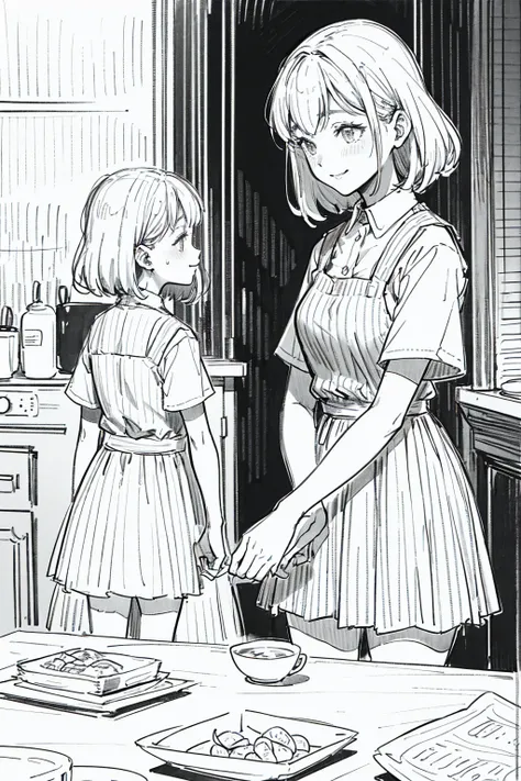 Line art. ((Sketch)). Black and white. An anime style photo. A girl sweating preparing her dish in kitchen, meanwhile the table is set and her children waiting politely at the tables. There were 3 childrean waiting. She is smiling.