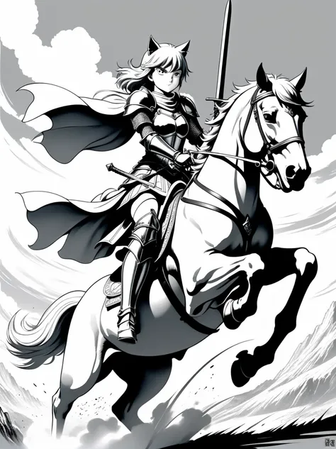 Works by Akira Toriyama，((Anime line drawing:1.8))，((Black Lines))，((grey))，dream，sketch，Ethereal，dream，(personification:1.5)，Cat Knight，Wear armor，Riding a white horse，heroic，brandish sword，get ready，Charge fiercely，Meticulous and pragmatic，heroic无畏，Medie...