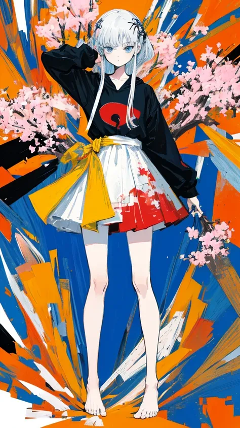 (shape: Huge Gram), (flat color:0.9),(colorful:1.1),(masterpiece:1,2), highest quality, masterpiece, High resolution, original, highly detailed wallpaper, looking at the viewer,,,1 girl,alone,Basquiat style,barefoot,cherry blossoms,black and white