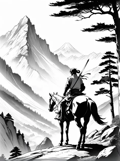 鸟Mountain明大师作品，((Anime line drawing:1.8))，((Black Lines))，sketch，Tree，Mountain，A painting of a man on horseback holding a sword and a group of men on horseback in the background，composition，((have no color))