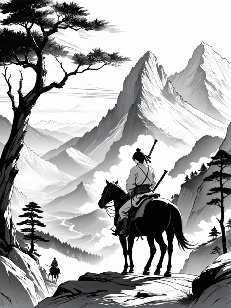 鸟mountain明大师作品，((anime line drawing:1.8))，((black lines))，sketch，tree，mountain，a painting of a man on horseback holding a sword ...