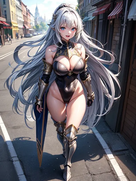 Woman knight、a beauty girl、huge tit、Excellent style、Nice Buddy、glamorous、leotard、s Armor、Shoulder rest armor、Bra chest armor、knee boots、gauntlets、hair adornments、silber hair、Longhaire、Ahoge、is standing、full body seen 、Medieval city、Walking、slightly open mo...