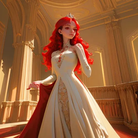 (best quality,highres,realistic:1.2),beautiful, detailed red eyes, beautiful, detailed red hair, extremely detailed face and eyes, red-haired small beautiful girl, standing inside a magnificent palace, wearing a stunning, flowing dress. The girls eyes shin...