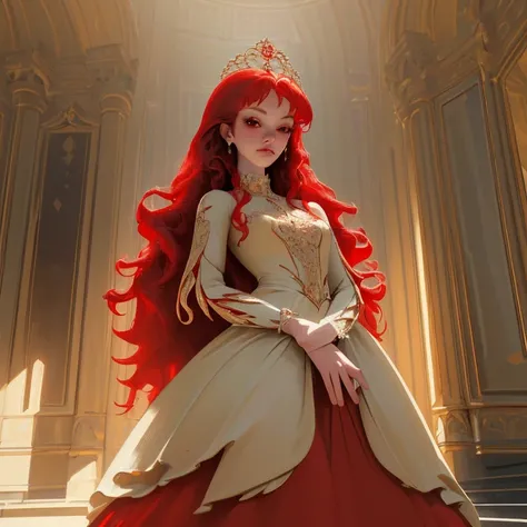 (best quality,highres,realistic:1.2),beautiful, detailed red eyes, beautiful, detailed red hair, extremely detailed face and eyes, red-haired small beautiful girl, standing inside a magnificent palace, wearing a stunning, flowing dress. The girls eyes shin...