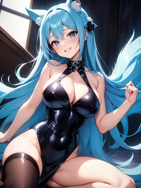 Happy woman, with wolf ears and blue hair, holding her cheeks, wolf tail, wearing a latex dress, looking at veiwer, full body, you can see her chest, naked breasts