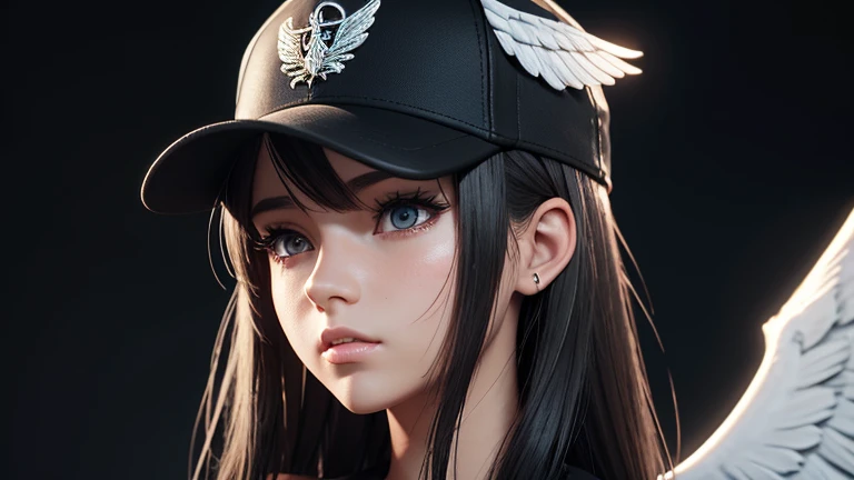 There is a woman with a black baseball cap and wings on her head., of an beautiful angel girl, angel girl, Wings only on both shoulders. Realistic anime 3d style, Gwaites style artwork, beautiful angel, Girl with angel wings, beautiful digital artwork, of ...