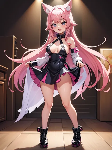 Happy young girl, with wolf ears and pink hair, holding her cheeks, wolf tail, wearing a latex dress, looking at veiwer, full body, you can see her chest, naked breasts