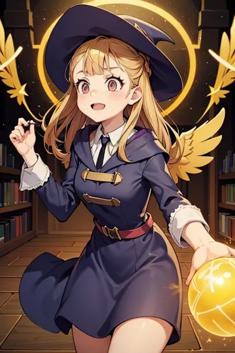 A golden haired female witch with hazel eyes with golden wings is wearing a Victorian dress is playing with a golden ball of energy in a study