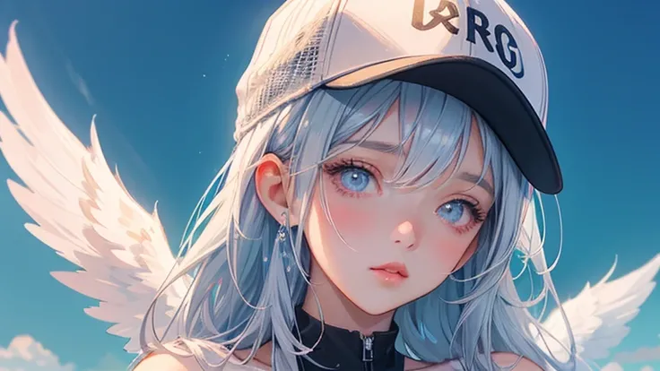 A lone angel with wings on each shoulder wearing a baseball cap floats in the sky. There is a woman with a black baseball cap and wings on her head., of an beautiful angel girl, angel girl, Wings only on both shoulders. Realistic anime 3d style, Gwaites st...