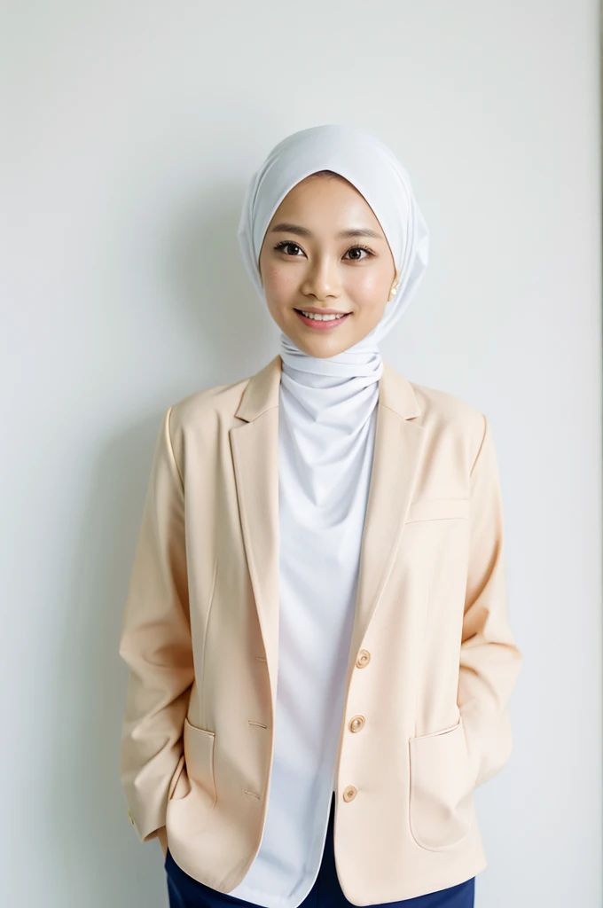 35 year old malay asian lady on white background, taking a passport photo, wearing hijab perfect neat styling, plain, proper formal attire, colored blazer, half body, mid shot, standing straight, hand down, looking at camera, smiling, soft smile, professio...