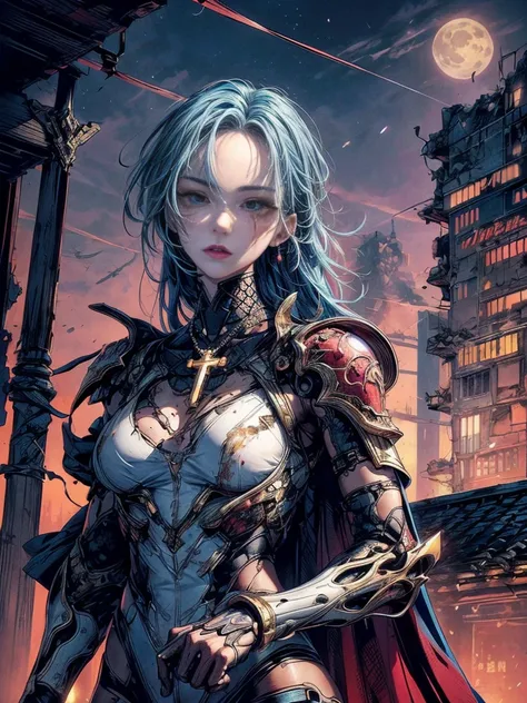 cinematic lighting,super dense skin、detailed and beautiful eyes、highest quality,cyberpunk,(replace、dim color, soothing tone:1.3),NSFW(1 beautiful woman、16 years old、Detailed beautiful facial features:1.3)（clear blue medium hair:1.2）、facial scars、(well-shap...