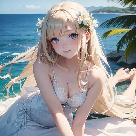 white、Ocean、droopy eyes、Brown eyeballs on face、smile、23 year old female、woman wearing one piece、long hair girl、((long hair girl))、Girl with bangs、detailed face、pretty face、((best image quality))、mole、bouquet、bride、Mermaid Dress.blonde、blue eyes、heroine、blu...