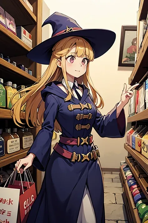 A golden haired female witch with hazel eyes with golden wings is wearing a Victorian dress is shopping in the market
