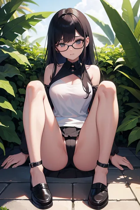 Primer plano de las plantas de los pies., imagen extremadamente clara, Photography, ricos detalles, beautiful girl soles, pelo negro, lentes, lugar publico, sujetador abierto, Bragas negras, nsfw, +18, mujer de anime, pelo corto