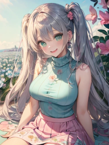 小さなgirl、The arrival of spring、thick thighs、thick thighs、 big ass、(alone:1.5,)Super detailed,bright colors, very beautiful detailed anime face and eyes, look straight, ;d, shiny_skin,girl, ((silver long hair,Inner color is red 、forehead is exposed.、green ey...