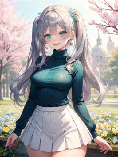 小さなgirl、The arrival of spring、thick thighs、thick thighs、 big ass、chest is small、(alone:1.5,)Super detailed,bright colors, very beautiful detailed anime face and eyes, look straight, ;d, shiny_skin,girl, ((silver long hair,Inner color is red 、forehead is ex...