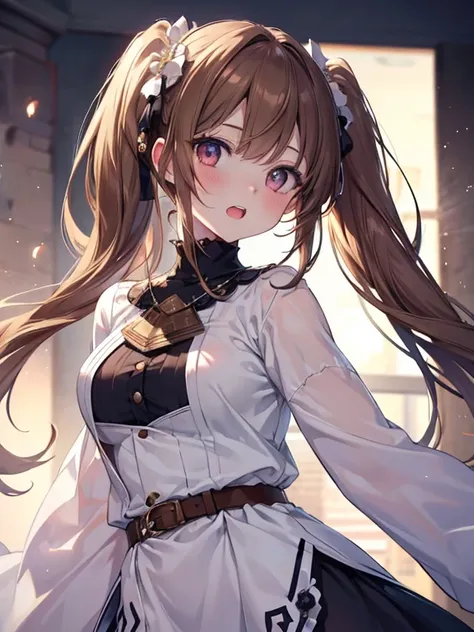 masutepiece, Highest Quality, (Perfect face:1.1), (high detailing:1.1), (ultradetailed eyes), Dramatic,  superfine illustration, Extremely detailed,1girl in, (pale skin), Happy, Laugh, Enjoy, Cheerful,Open mouth,gloweyes, brown hair, (long twintail),Ethere...