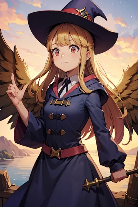 A golden haired female witch with hazel eyes with golden wings is wearing a Victorian dress is watching the stars on the roof