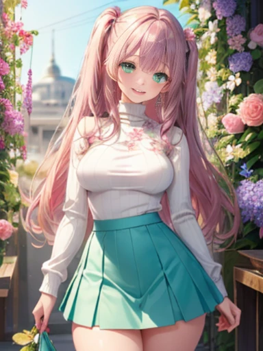 小さなgirl、The arrival of spring、thick thighs、thick thighs、 big ass、chest is small、(alone:1.5,)Super detailed,bright colors, very beautiful detailed anime face and eyes, look straight, ;d, shiny_skin,girl, ((Purple long hair,Inner color is red 、forehead is ex...