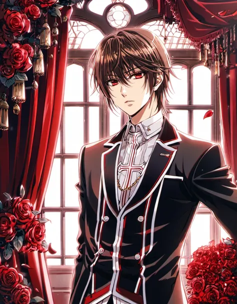 Ultra detailed, highres, absurdres, HDR, Kuran Kaname, brown hair, 1 man only, red eyes, Vampire Knight, handsome, window, red petals, red curtains, white cross vampire uniform,