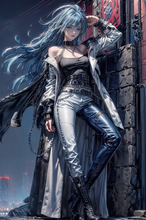 cinematic lighting、highest quality,cyberpunk world、1 female、(20 year old beautiful woman、Detailed beautiful facial featureEdium hair blue hair、shoulder length hair、messy hair、blue eyes:1.4)break,medium hair、（Bright blue hair:1.5）
break
((dark leather rebel...