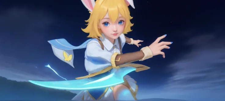 A girl with yellow hair a rabbit ear wearing a white sleve and blue shirt