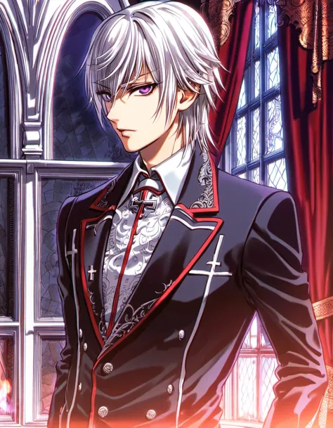 Ultra detailed, highres, absurdres, HDR, Kiryu Zero, white hair, 1 man only, lavender eyes, Vampire Knight, handsome, window, red petals, red curtains, black cross vampire uniform