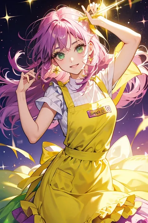 She has purple skin and green eyes. She has four green/yellow crystals in her head/hair and is seen wearing a pink apron and a yellow shirt. SPARKLE; GLITTER