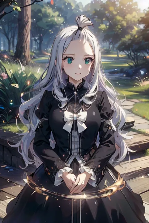 (best quality,4k,8k,highres,masterpiece:1.2),ultra-detailed,realistic,photorealistic:1.37,Mirajane Strauss,beautiful smile,black coat,green eyes,feminine appearance,long silver hair,confident posture,enigmatic expression,magical aura,serene garden backdrop...