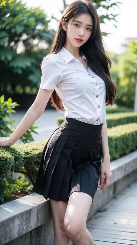 ((1girl)),in mahalai uniform, pose at garden, makeup with glossy lip, small breasts, (white shirt short sleeves:1.4), (black pleated skirt:1.4), various angle, ((face focus)), 22 years old, Beautiful Korean Girl, ((standing)) pose, (nsfw:1.4)