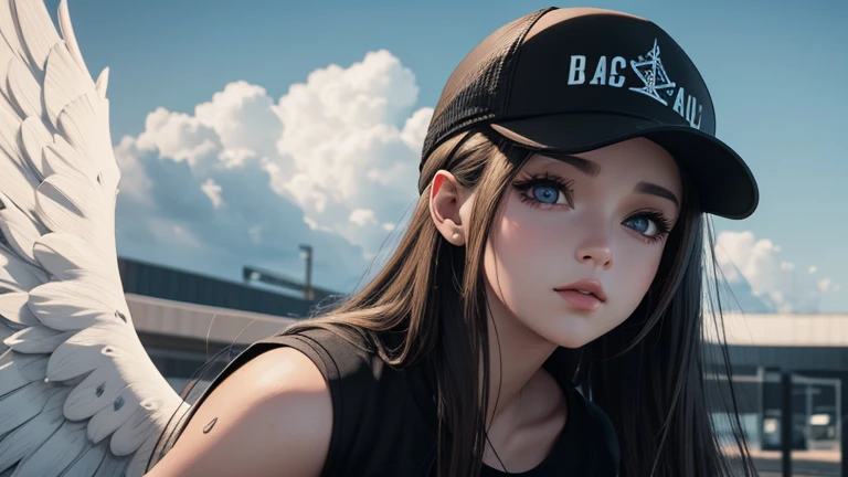 A lone angel with wings on each shoulder wearing a baseball cap floats in the sky. There is a woman with a (black baseball cap:1.5) and wings on her head., of an beautiful angel girl, angel girl, Wings only on both shoulders. Realistic anime 3d style, Gwai...