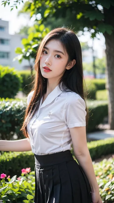 ((1girl)),in mahalai uniform, pose at garden, makeup with glossy lip, small breasts, (white shirt short sleeves:1.4), (black pleated skirt:1.4), various angle, ((face focus)), 22 years old, Beautiful Korean Girl, ((standing)) pose, (nsfw:1.4)