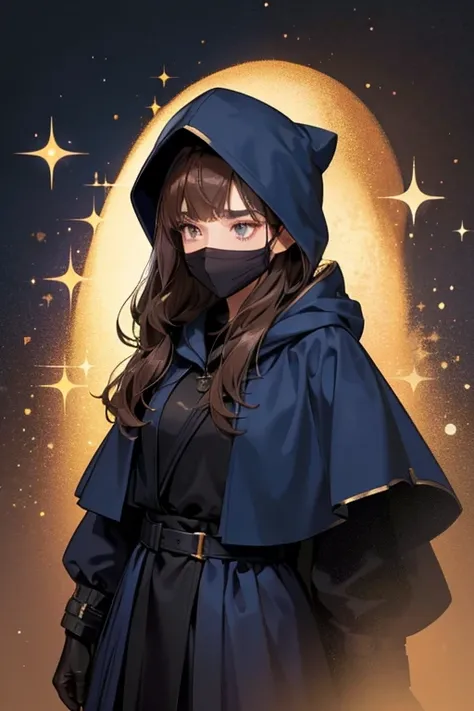 She has poofy brown hair, wears a black eyemask, and wears a navy blue cloak. She can sometimes be seen with the hood up; in this case, her face is hidden in the shadows. SPARKLE; GLITTER