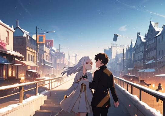 Comic Book couples are walking in a sci-fi city full of feasting and debauchery. A waist-length girl with white hair and golden pupils is leading a man with medium hair. Shadows of dragons and phoenixes emerge behind them. Close-up perspective. Concept art...