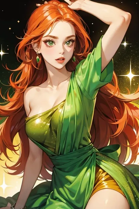 She has orange skin, Red hair, large lips and no eyebrows. She wears a green dress. SPARKLE; GLITTER