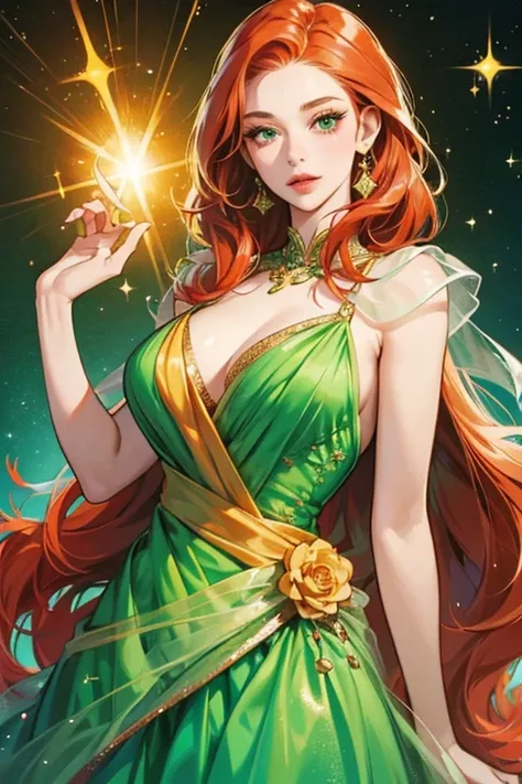 She has orange skin, Red hair, large lips and no eyebrows. She wears a green dress. SPARKLE; GLITTER