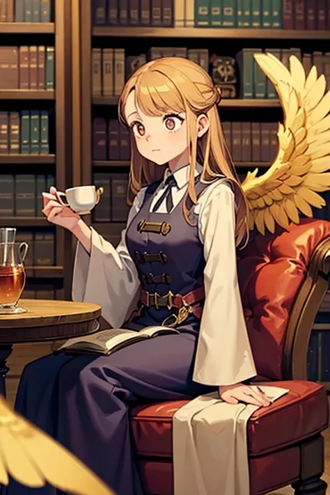 A golden haired female witch with hazel eyes with golden wings is wearing a Victorian dress is drinking tea in a library