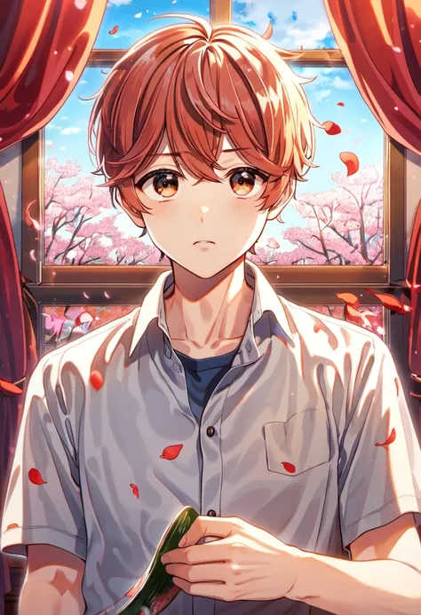 absurdres, highres, ultra detailed, HDR), master piece, best quality, Sato Mafuyu, salmon hair, expressive brown eyes, Given, , window, red curtains, petals 