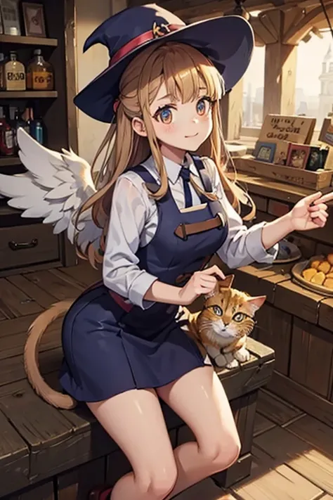 A golden haired female witch with hazel eyes with golden wings is wearing a Victorian dress is helping a cat in a market