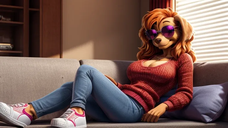 Skye from Paw Patrol, anthro, female cockapoo, floppy ears, long flowy wavy orange hair, magenta eyes, tall, adult, red sweater cleavage cutout, blue jeans, white sneakers, sunglasses, laying on a couch, chilling, extremely detailed, solo, beautiful, high ...