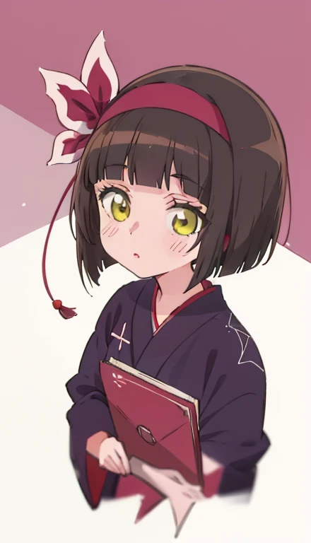 doing peace、Anime girl with black hair and red ribbon on yellow background, hanayamata, Cute girl anime visual, anime moe art style, shikishi, Also, official artwork, anime portrait of shiina Alsogo, official anime artwork, Close up of young anime girl, An...