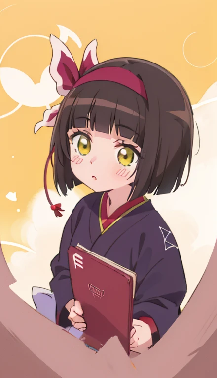 doing peace、Anime girl with black hair and red ribbon on yellow background, hanayamata, Cute girl anime visual, anime moe art style, shikishi, Also, official artwork, anime portrait of shiina Alsogo, official anime artwork, Close up of young anime girl, An...