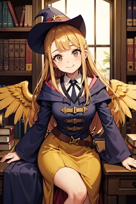 A golden haired female witch with hazel eyes with golden wings is wearing a Victorian dress is smiling in the library
