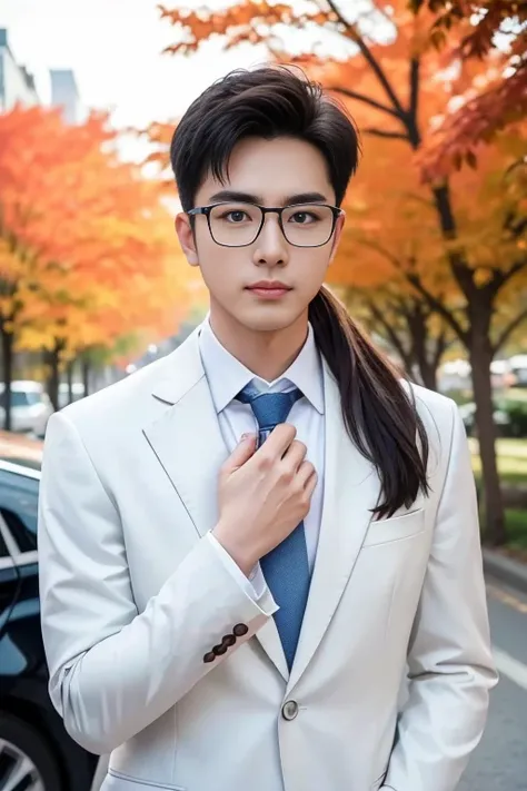 (One wears silver-white titanium alloy thin-rimmed glasses、Wearing a white shirt、Asian man in suit and tie,About 30 years old.Height 180 cm)、best quality、masterpiece、ultra high resolution、(Photo realism:1.4)、original photo、(Outdoor Highway One wears silver...